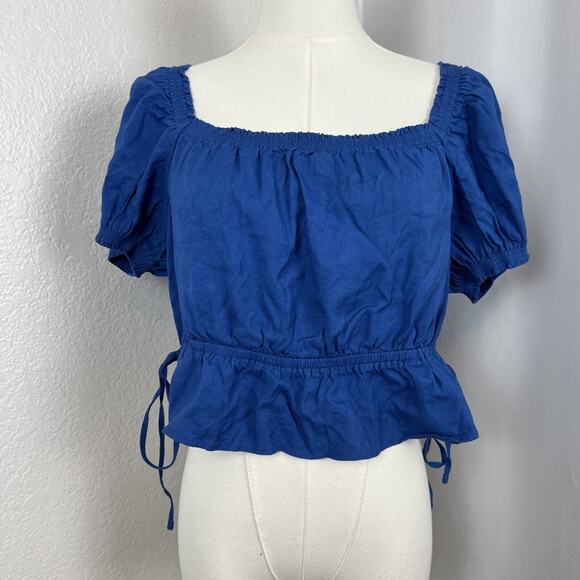 Uniqlo Top Womens Large Blue Cropped Linen Blend Peasant Puff Sleeve Cottagecore - Picture 1 of 11